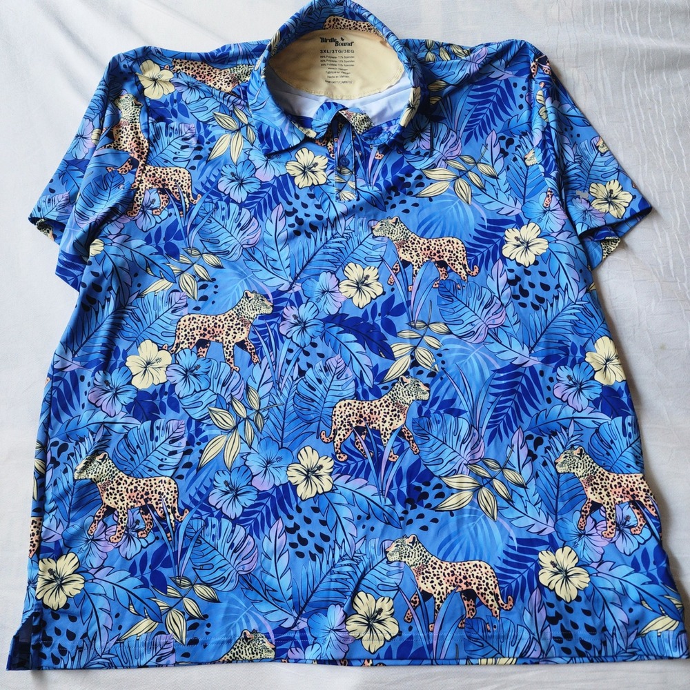 Birdie Bound Golf Polo Mens 3XL Blue Excellent Leopard Tropical Floral Print